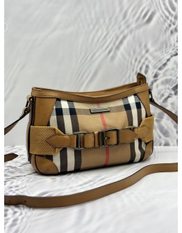 BURBERRY CROSSBODY BAG IN BEIGE HOUSE CHECK FABRIC CANVAS WITH BROWN LEATHER