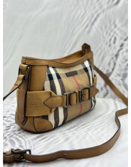 BURBERRY CROSSBODY BAG IN BEIGE HOUSE CHECK FABRIC CANVAS WITH BROWN LEATHER