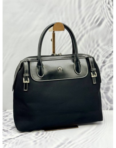 AIGNER TOTE HANDLE BAG IN BLACK NYLON WITH LEATHER