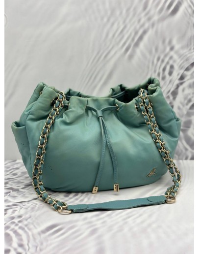 AGNES B. DRAWSTRING BUCKET BAG IN LIGHT BLUE NYLON WITH LEATHER