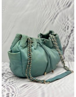 AGNES B. DRAWSTRING BUCKET BAG IN LIGHT BLUE NYLON WITH LEATHER