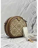 TORY BURCH T MONOGRAM MOON CROSSBODY BAG IN BEIGE JACQURAD WITH BROWN LEATHER