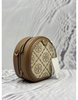 TORY BURCH T MONOGRAM MOON CROSSBODY BAG IN BEIGE JACQURAD WITH BROWN LEATHER