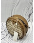 TORY BURCH T MONOGRAM MOON CROSSBODY BAG IN BEIGE JACQURAD WITH BROWN LEATHER