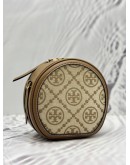 TORY BURCH T MONOGRAM MOON CROSSBODY BAG IN BEIGE JACQURAD WITH BROWN LEATHER