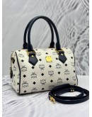 MCM BOSTON BAG IN WHITE VISETOS LEATHER WITH DARK BLUE CALF LEATHER