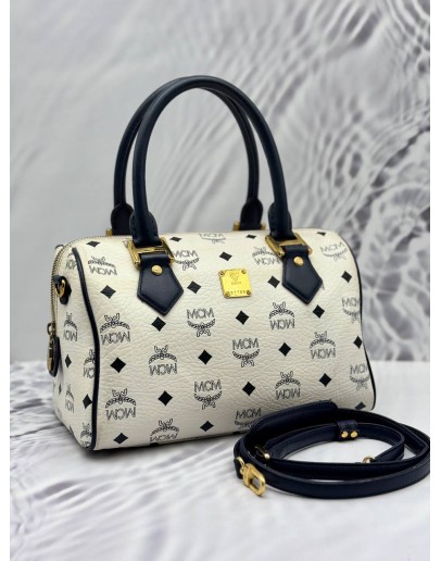 MCM BOSTON BAG IN WHITE VISETOS LEATHER WITH DARK BLUE CALF LEATHER