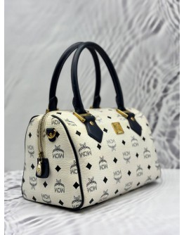 MCM BOSTON BAG IN WHITE VISETOS LEATHER WITH DARK BLUE CALF LEATHER