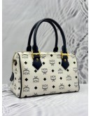 MCM BOSTON BAG IN WHITE VISETOS LEATHER WITH DARK BLUE CALF LEATHER