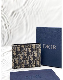 CHRISTIAN DIOR BIFOLD WALLET IN BLUE DIOR OBLIQUE JACQUARD WITH BLACK LEATHER -FULL SET-