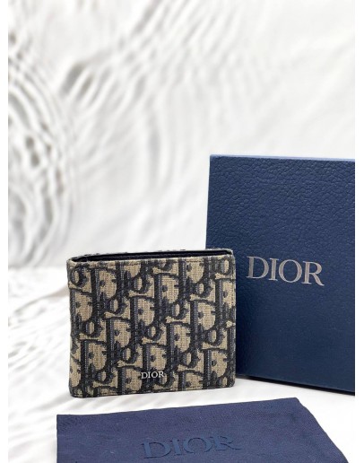 CHRISTIAN DIOR BIFOLD WALLET IN BLUE DIOR OBLIQUE JACQUARD WITH BLACK LEATHER -FULL SET-