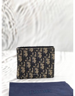 CHRISTIAN DIOR BIFOLD WALLET IN BLUE DIOR OBLIQUE JACQUARD WITH BLACK LEATHER -FULL SET-