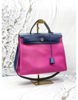 (LIKE NEW) HERMES HERBAG PM 31 IN ROSE POURPRE TOILE CANVAS WITH BLEU SAPHIR VACHE HUNTER LEATHER