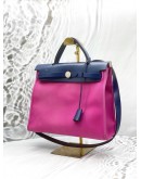 (LIKE NEW) HERMES HERBAG PM 31 IN ROSE POURPRE TOILE CANVAS WITH BLEU SAPHIR VACHE HUNTER LEATHER