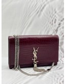 (LIKE NEW) YSL SAINT LAURENT KATE CHAIN BAG IN BURGUNDY CROCODILE EMBOSSED LEATHER