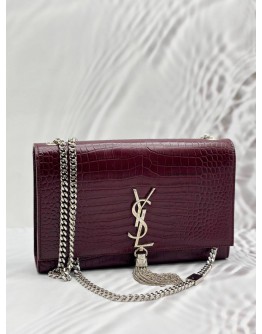 (LIKE NEW) YSL SAINT LAURENT KATE CHAIN BAG IN BURGUNDY CROCODILE EMBOSSED LEATHER