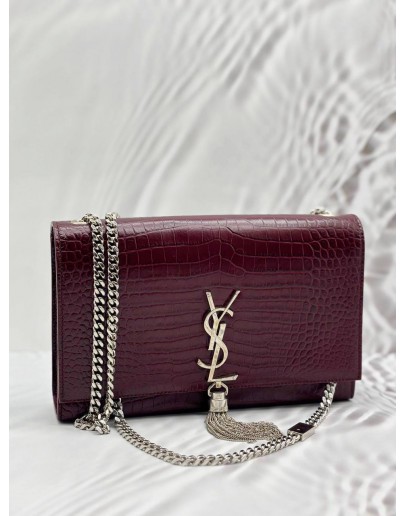 (LIKE NEW) YSL SAINT LAURENT KATE CHAIN BAG IN BURGUNDY CROCODILE EMBOSSED LEATHER