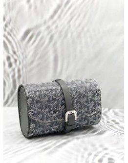 (UNUSED) GOYARD DOUBLE TRAVEL WATCH CASE IN GREY GOYARDINE CANVAS WITH CLAMECY LEATHER