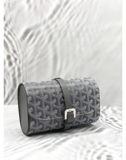 (UNUSED) GOYARD DOUBLE TRAVEL WATCH CASE IN GREY GOYARDINE CANVAS WITH CLAMECY LEATHER