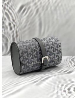(UNUSED) GOYARD DOUBLE TRAVEL WATCH CASE IN GREY GOYARDINE CANVAS WITH CLAMECY LEATHER