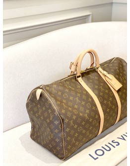 LOUIS VUITTON BANDOULIERE KEEPALL 55 IN BROWN MONOGRAM CANVAS -FULL SET-