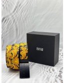 (LIKE NEW) VERSACE JEANS COUTURE BELT SIZE 95 IN GOLD BAROQUE PRINTED WITH BLACK LEATHER