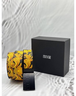 (LIKE NEW) VERSACE JEANS COUTURE BELT SIZE 95 IN GOLD BAROQUE PRINTED WITH BLACK LEATHER