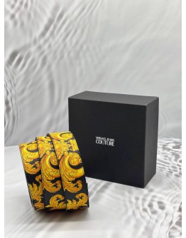(LIKE NEW) VERSACE JEANS COUTURE BELT SIZE 95 IN GOLD BAROQUE PRINTED WITH BLACK LEATHER
