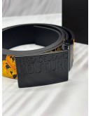 (LIKE NEW) VERSACE JEANS COUTURE BELT SIZE 95 IN GOLD BAROQUE PRINTED WITH BLACK LEATHER