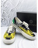 VERSACE LOW TOP SNEAKERS SIZE 40 IN MULTICOLOR BAROQUE PRINTED CANVAS WITH GREEN SUEDE LEATHER