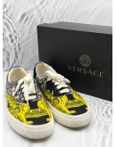 VERSACE LOW TOP SNEAKERS SIZE 40 IN MULTICOLOR BAROQUE PRINTED CANVAS WITH GREEN SUEDE LEATHER