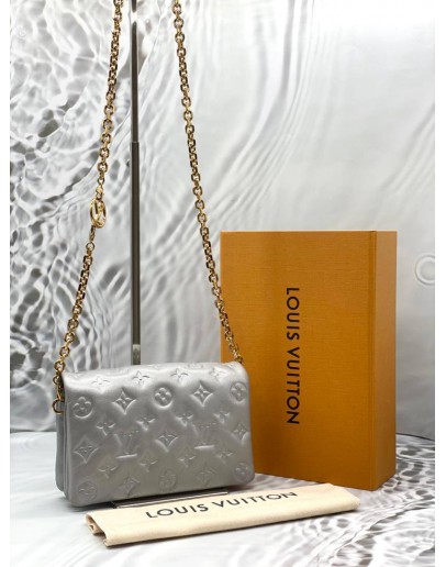 (LIKE NEW) MICROCHIP LOUIS VUITTON POCHETTE COUSSIN IN METALLIC SILVER MONOGRAM EMBOSSED LAMBSKIN LEATHER -FULL SET-