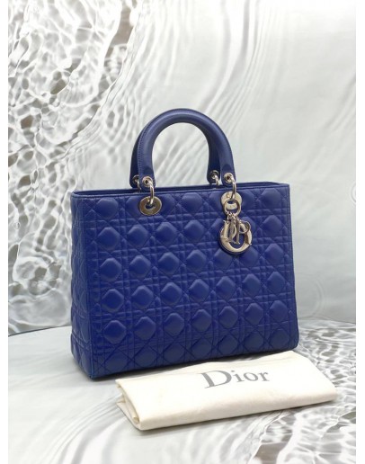 CHRISTIAN DIOR LARGE LADY DIOR IN ROYAL BLUE CANNAGE LAMBSKIN LEATHER