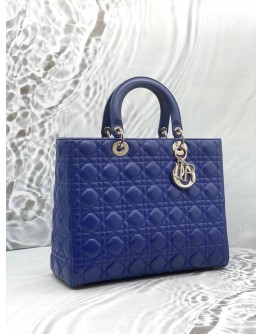 CHRISTIAN DIOR LARGE LADY DIOR IN ROYAL BLUE CANNAGE LAMBSKIN LEATHER