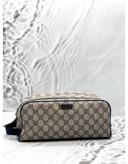 GUCCI TOILETRY POUCH IN BEIGE GG SUPREME CANVAS WITH DARK BLUE LEATHER