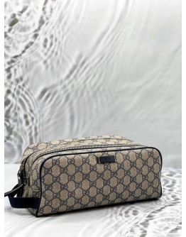 GUCCI TOILETRY POUCH IN BEIGE GG SUPREME CANVAS WITH DARK BLUE LEATHER