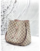 LOUIS VUITTON NEONOE MM IN WHITE DAMIER AZUR CANVAS WITH PINK LEATHER