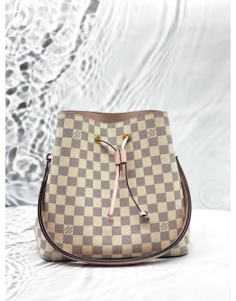LOUIS VUITTON NEONOE MM IN WHITE DAMIER AZUR CANVAS WITH PINK LEATHER