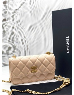 (LIKE NEW) 2026 MICROCHIP CHANEL CAMELIA CRUSH WALLET ON CHAIN IN APRICOT LAMBSKIN LEATHER -FULL SET-