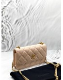 (LIKE NEW) 2026 MICROCHIP CHANEL CAMELIA CRUSH WALLET ON CHAIN IN APRICOT LAMBSKIN LEATHER -FULL SET-