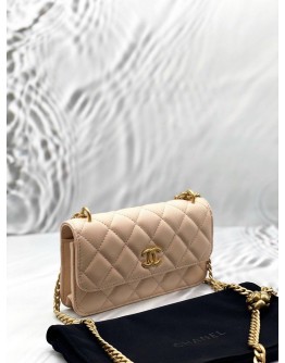 (LIKE NEW) 2026 MICROCHIP CHANEL CAMELIA CRUSH WALLET ON CHAIN IN APRICOT LAMBSKIN LEATHER -FULL SET-