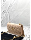 (LIKE NEW) 2026 MICROCHIP CHANEL CAMELIA CRUSH WALLET ON CHAIN IN APRICOT LAMBSKIN LEATHER -FULL SET-