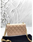 (LIKE NEW) 2026 MICROCHIP CHANEL CAMELIA CRUSH WALLET ON CHAIN IN APRICOT LAMBSKIN LEATHER -FULL SET-