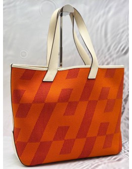 HERMES CABAS H EN BIAIS 40 TOTE BAG IN ORANGE TOILE H CANVAS WITH OFF WHITE SWIFT LEATHER