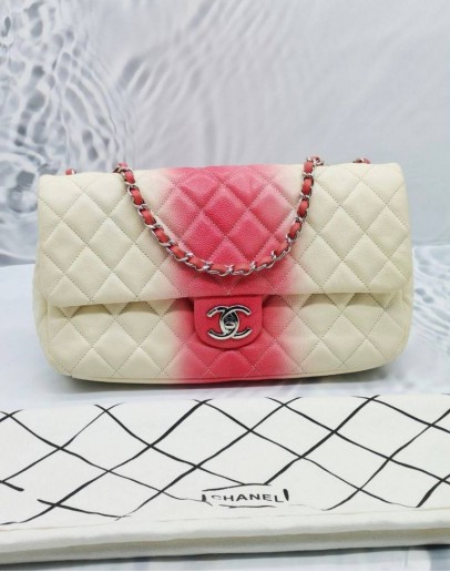 (CLEAR STOCK) CHANEL JUMBO SINGLE FLAP BAG IN OMBRE OFF WHITE WITH PINK CAVIAR LEATHER
