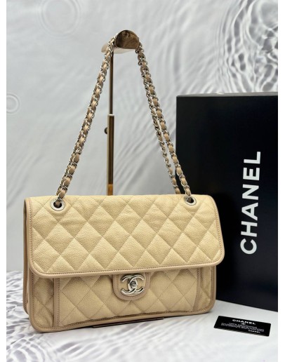 2012 CHANEL FRENCH RIVIERA FLAP SHOULDER BAG IN BEIGE CAVIAR LEATHER -FULL SET-
