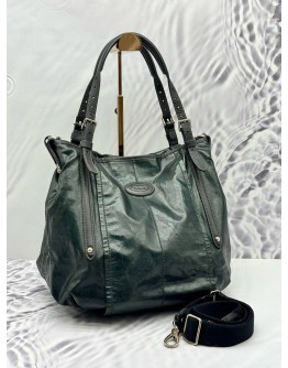 TOD’S G-LINE HOBO BAG IN GREEN CANVAS WITH BLACK LEATHER