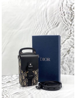 CHRISTIAN DIOR SADDLE VERTICAL POUCH IN BLUE DIOR OBLIQUE JACQUARD WITH BLACK GRAINED CALFSKIN LEATHER