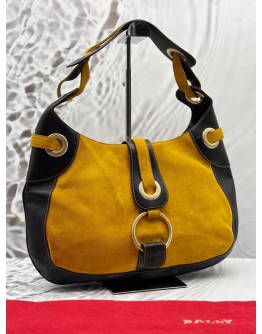 BALLY DORADI HOBO BAG IN MUSTARD YELLOW SUEDE LEATHER WITH BLACK CALFSKIN LEATHER