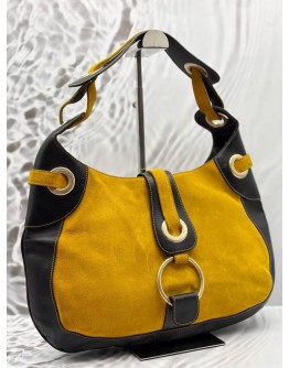 BALLY DORADI HOBO BAG IN MUSTARD YELLOW SUEDE LEATHER WITH BLACK CALFSKIN LEATHER